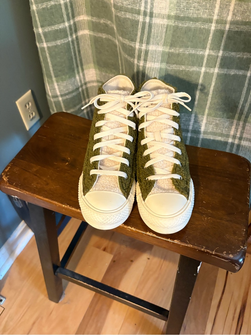 Converse Olive Green Sherpa High-Top Sneakers with Cream Accents - Picture 2 of 9